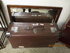 BROWN REXINE SUITCASE AND AN EDWARDIAN INLAID WALL MIRROR