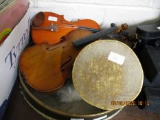 HIDE COVERED EASTERN DRUM, A FURTHER CIRCULAR DRUM AND TWO FURTHER VIOLINS