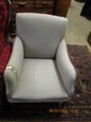 GREY UPHOLSTERED EDWARDIAN FRAMED ARMCHAIR WITH TAPERING SQUARE LEGS
