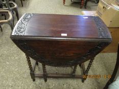 OAK FRAMED CIRCULAR DROP LEAF CARVED TOP TABLE ON BARLEY TWIST SUPPORTS