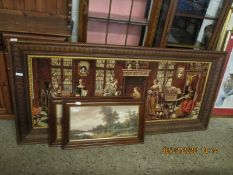 CARVED TEAK FRAME HOLDING A MACHINE EMBROIDERED PANEL TOGETHER WITH TWO TEAK FRAMED COUNTRY