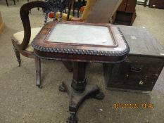 WILLIAM IV ROSEWOOD SIDE TABLE WITH INSET GLASS PANEL WITH CANTED COLUMN ON CARVED PAW FEET