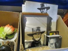 BOX CONTAINING MIXED CLINT EASTWOOD PRINTS, ELVIS BOOKS ETC