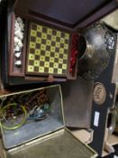 BOX CONTAINING MIXED LEATHER JEWELLERY BOX, TIN OF COSTUME JEWELLERY ETC