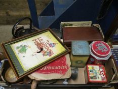 BOX CONTAINING CAST IRON KETTLE, MIXED VINTAGE TINS ETC