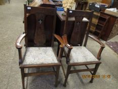 PAIR OF ARTS AND CRAFTS OAK FRAMED SPLAT BACK DINING CHAIRS WITH INLAID BACK AND UPHOLSTERED SEATS