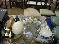 TRAY CONTAINING DERBY POSIES DISHES, VASES, OSTRICH EGG ETC