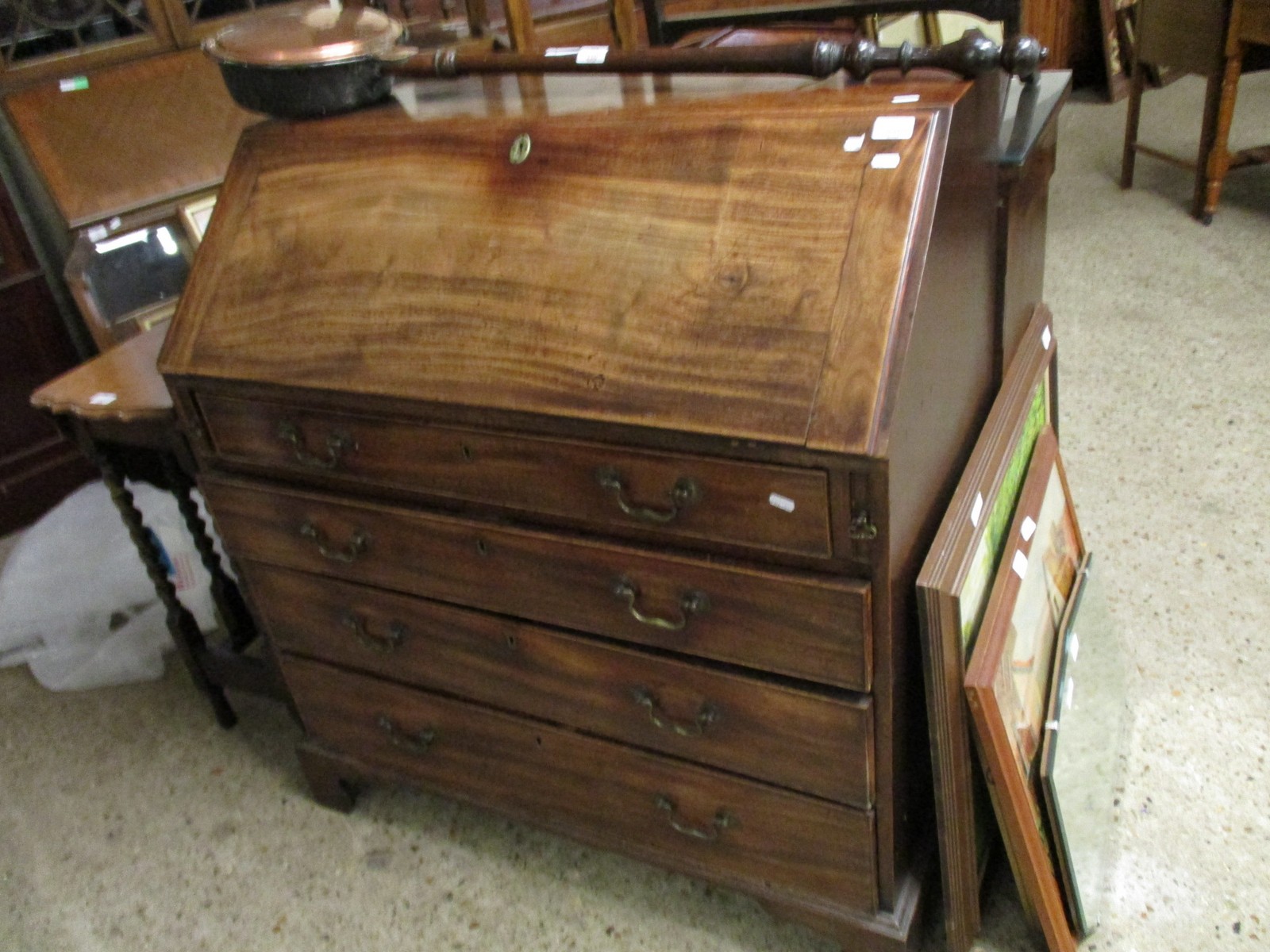 GEORGIAN MAHOGANY DROP FRONTED BUREAU WITH FOUR FULL WIDTH DRAWERS ON BRACKET FEET