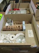 TWO BOXES OF MIXED CHEMISTS ITEMS, GLASSES ETC