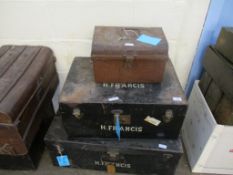 THREE VARYING SIZED TIN TRUNKS, TWO WITH H FRANCIS STAMPED TO THE FRONT AND TOP