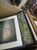 BOX CONTAINING MIXED PRINTS, WOOL WORKS, MIRRORS, FRAMES ETC