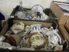 TWO BOXES CONTAINING BUNNIKINS BOWL, HARVEST WARE JUG, GLASS DECANTER, PEDESTAL BOWL ETC