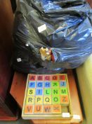 ASSORTED ALPHABET BLOCKS, TWO BAGS CONTAINING WOODEN BUILDING BLOCKS ETC