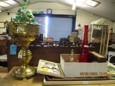 MODERN PRESSED BRASS CENTREPIECE TOGETHER WITH A WALNUT AND TONBRIDGE WARE INLAID BUTTERFLY WING