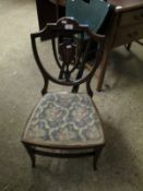EDWARDIAN MAHOGANY AND INLAID BEDROOM CHAIR WITH FLORAL UPHOLSTERED SEAT