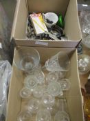 TWO BOXES OF GLASS WARES, KITCHEN WARES ETC