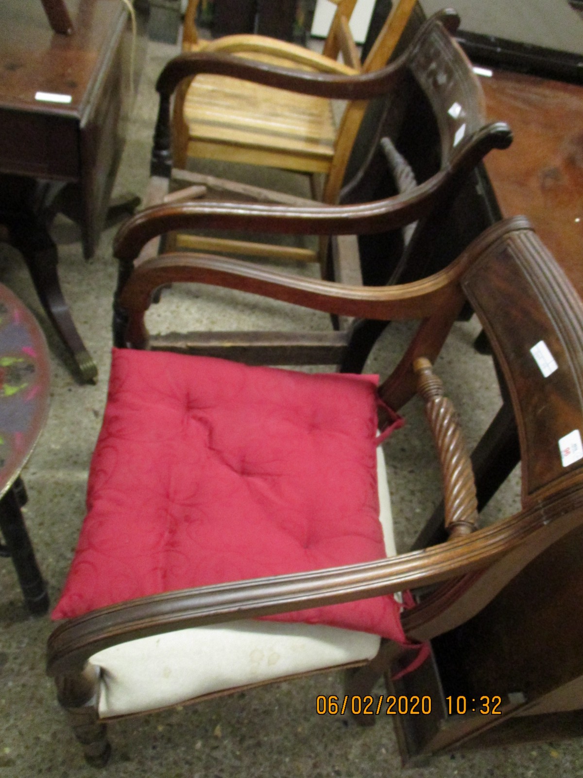 TWO 19TH CENTURY MAHOGANY ROPE TWIST BACK ARMCHAIRS (A/F)