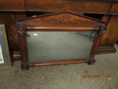 WILLIAM IV MAHOGANY OVERMANTEL MIRROR WITH HALF TURNED COLUMNS WITH BULLSEYE TURNED CAPS