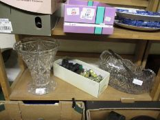 BOX CONTAINING MIXED RESIN CHESS PIECES, CUT GLASS VASE, BOWL, KNIFE RESTS ETC