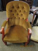 19TH CENTURY MAHOGANY YELLOW DRALON UPHOLSTERED AND BUTTON BACK ARMCHAIR