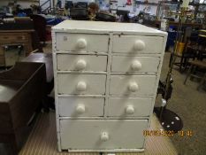 PAINTED APOTHECARY TYPE CABINET WITH NINE DRAWERS WITH TURNED KNOB HANDLES