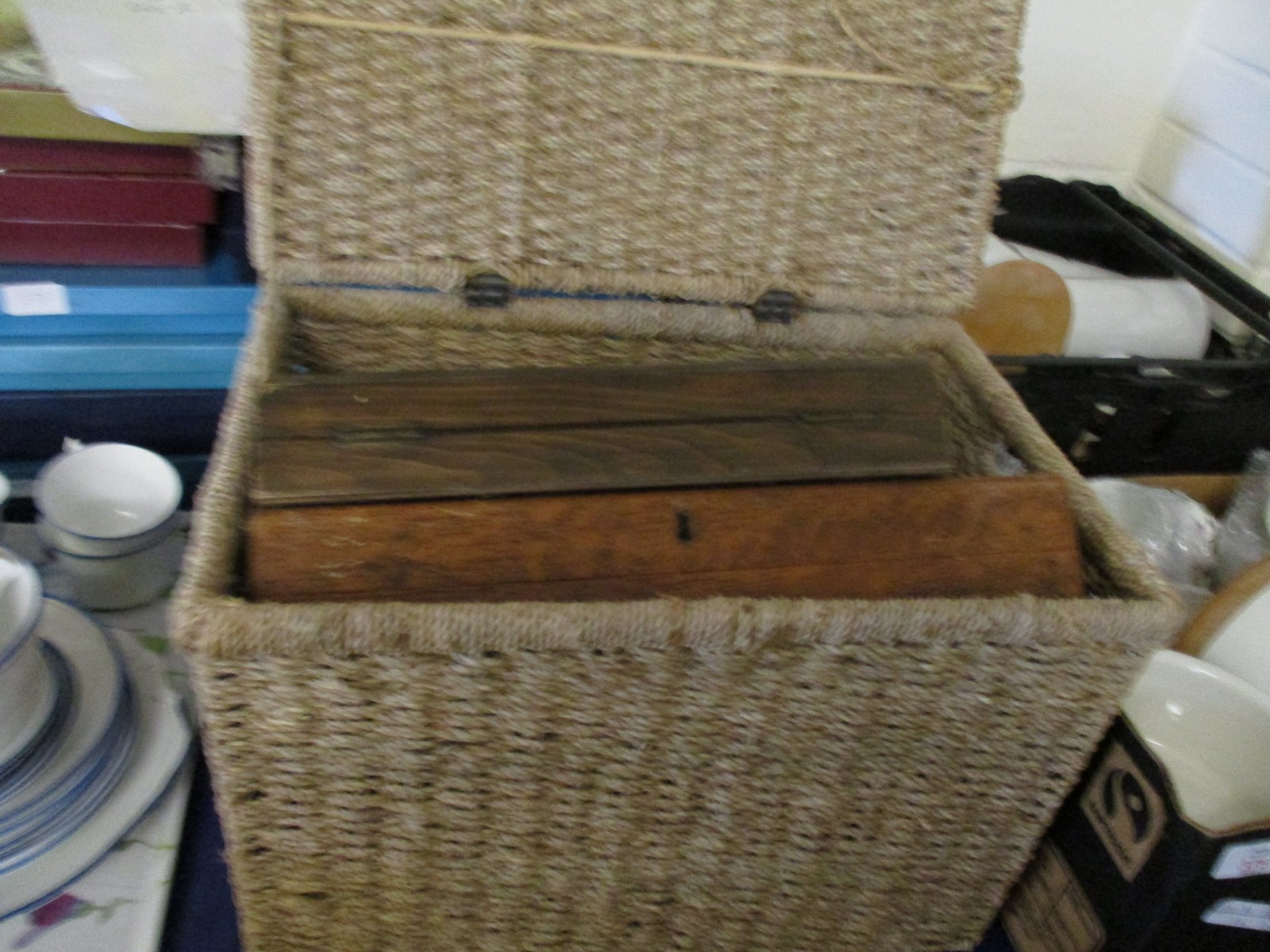 WICKER BASKET CONTAINING ORNAMENTS, CUTLERY BOXES ETC