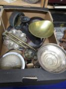 BOX CONTAINING MIXED SCALES, SILVER PLATED CENTREPIECE ETC