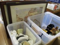 TWO PRINTS, ONYX TABLE LIGHTER, TABLE TOP BOX, STONEWARE BOTTLES ETC