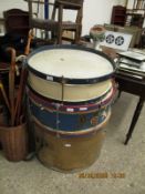 TWO VINTAGE MILITARY TYPE DRUMS AND TWO FURTHER CASES