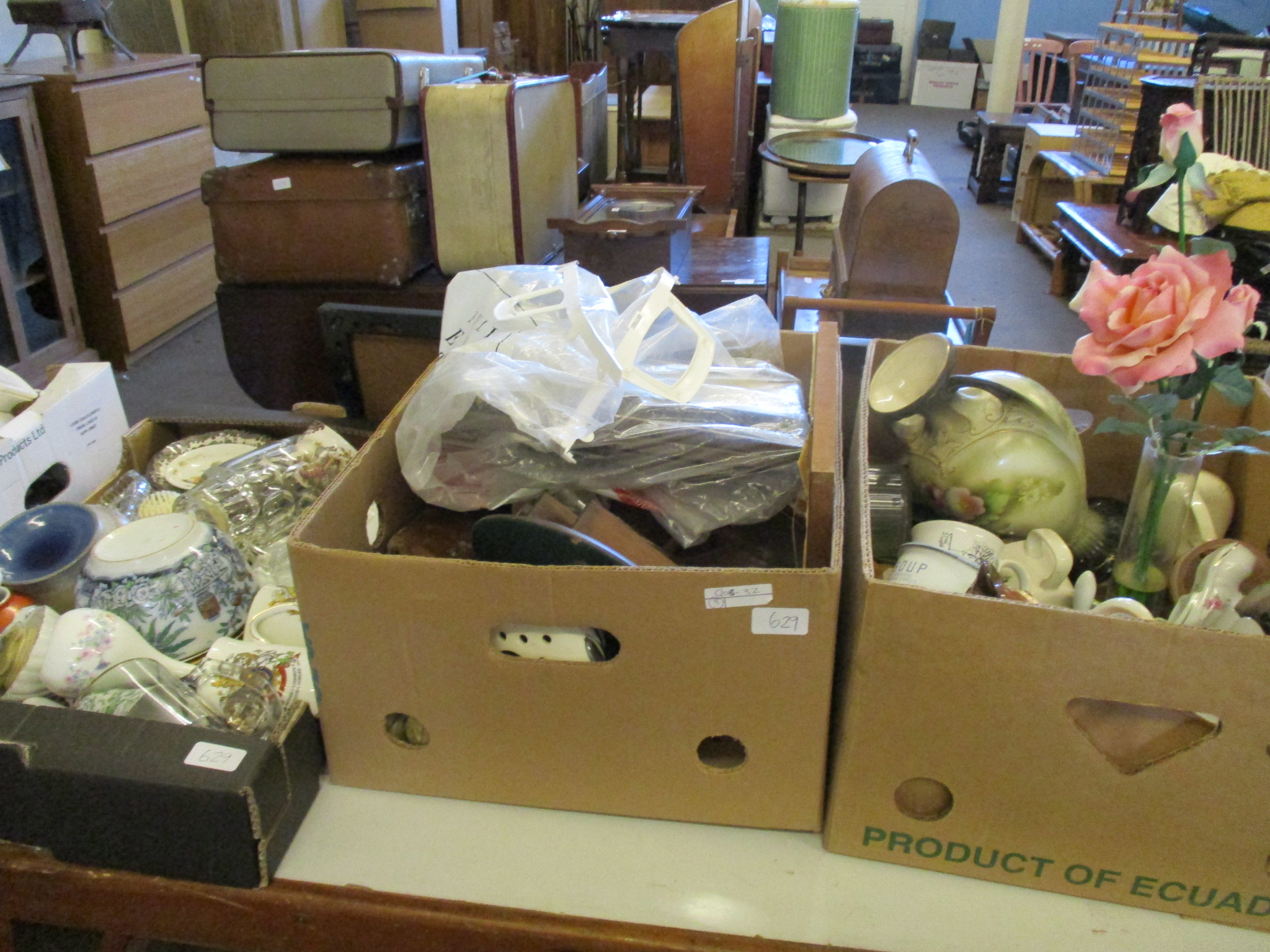 THREE BOXES CONTAINING MIXED CHINA WARES, PLATES, DECANTERS, VASES ETC