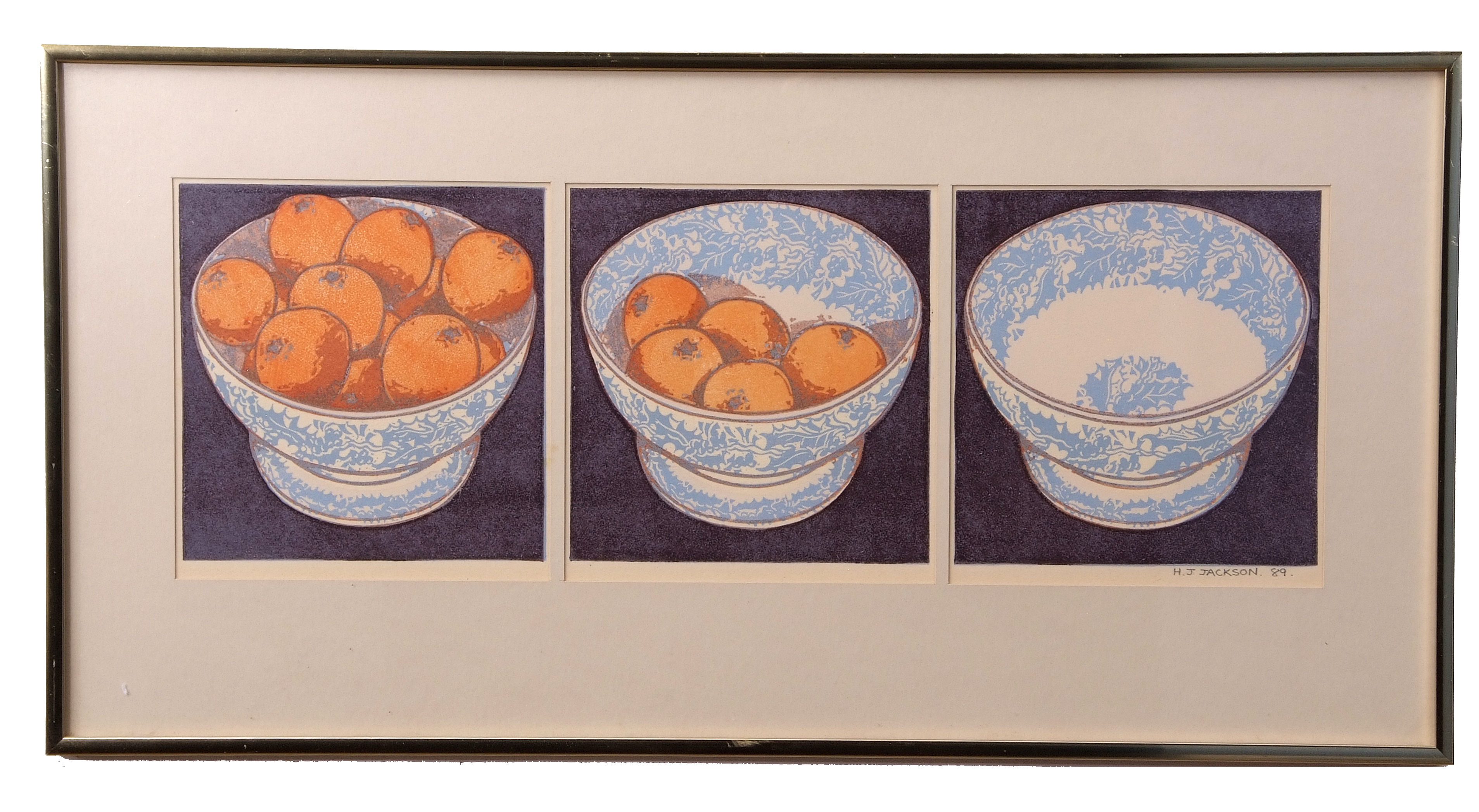 AR H John Jackson, ARE (born 1938 Fruit bowl triptych linocut, signed and dated 89 lower right