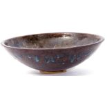 Large Studio Pottery bowl with a mottled brown design, 38cm diam
