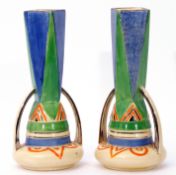 Pair of Art Deco vases, possibly Myott, with ovoid bodies and faceted shaped necks, in blue and