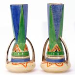 Pair of Art Deco vases, possibly Myott, with ovoid bodies and faceted shaped necks, in blue and