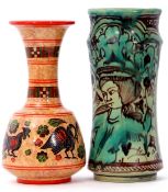 Greek Pottery vase and a Spanish Pottery Alberello decorated in green with a lady, the vase 22cm