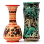 Greek Pottery vase and a Spanish Pottery Alberello decorated in green with a lady, the vase 22cm