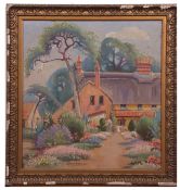 AR Katherine Arini Vane (1891-1965 Landscape with figures by a cottage oil on board, signed and