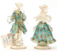 Pair of Murano Venetian glass figures of a gentleman and lady in 18th century costume, 18cm high (