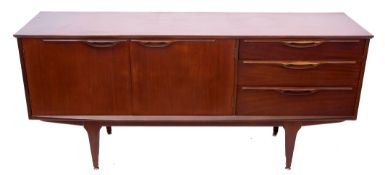 1960s vintage teak sideboard with two cupboard doors flanked by three drawers on splayed legs and