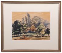 AR A E Blake (20th century) Landscape with tractor and trailer watercolour, signed and dated 56