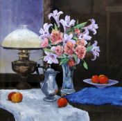 AR Ian Piper (born 1941 "The Table Lamp and vase of flowers" oil on board, signed lower right and