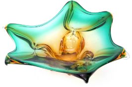 Shaped Art Glass fruit bowl painted in tones of green and brown