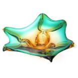 Shaped Art Glass fruit bowl painted in tones of green and brown