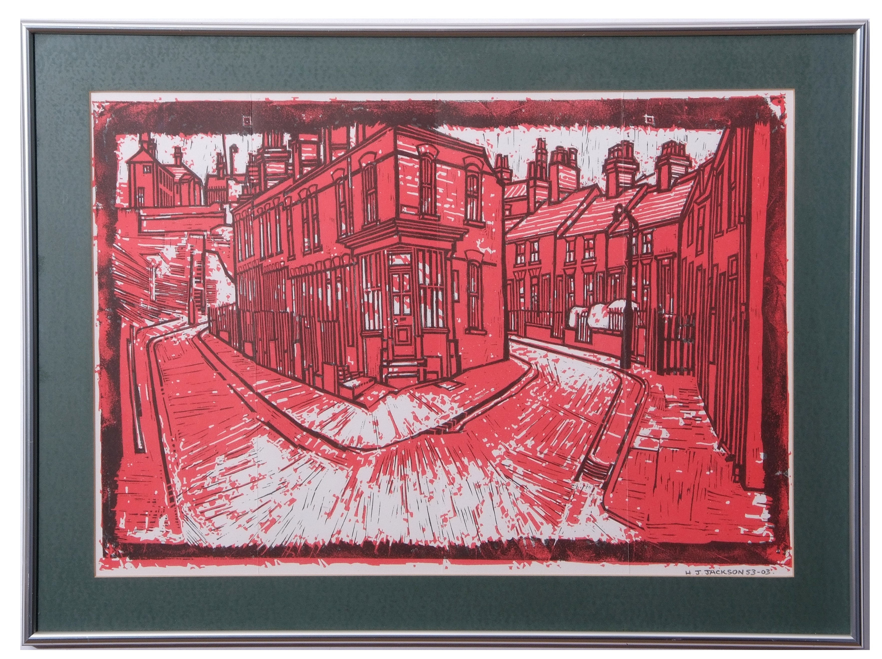 AR H John Jackson, ARE (born 1938 "Street scene" linocut, signed and dated 53-03 in pencil to