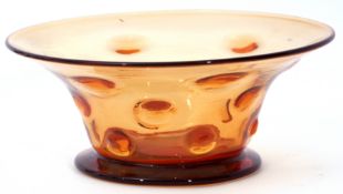 Large glass fruit bowl with a bubble design, stained brown, with factory mark engraved "Webb" to