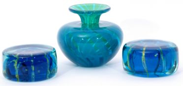 Group of Art Glass wares to include an ovoid vase with streaked blue decoration, engraved Mdina to