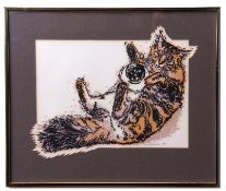 AR H John Jackson, ARE (born 1938 "Cat with bauble" linocut, signed and dated 87 in pencil to