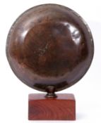 Modernist copper sculpture of circular form on wooden base, 38cm high