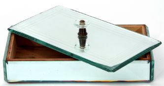 Art Deco glass box with wooden liner, the top with engraved rectangular design, 26cm long