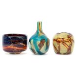 Group of Art Glass wares with streaked designs, comprising a faceted vase with green and brown